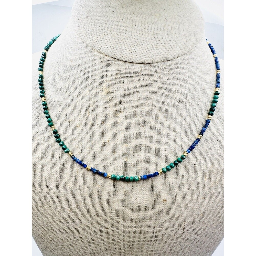 natural 3.2mm Faceted Malachite Lapis Lazuli Beaded Necklace 18”